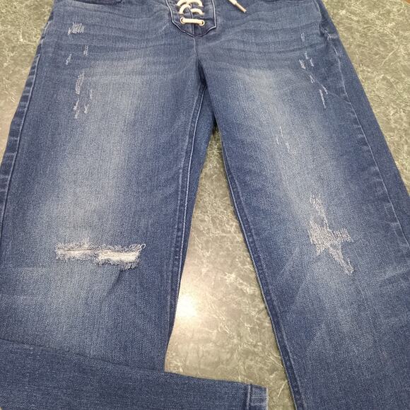 Forever 21 Lace Up Mid Rise Flare Leg Blue Denim Jeans Size 28 Rocker Y2k Vibes - Picture 3 of 12